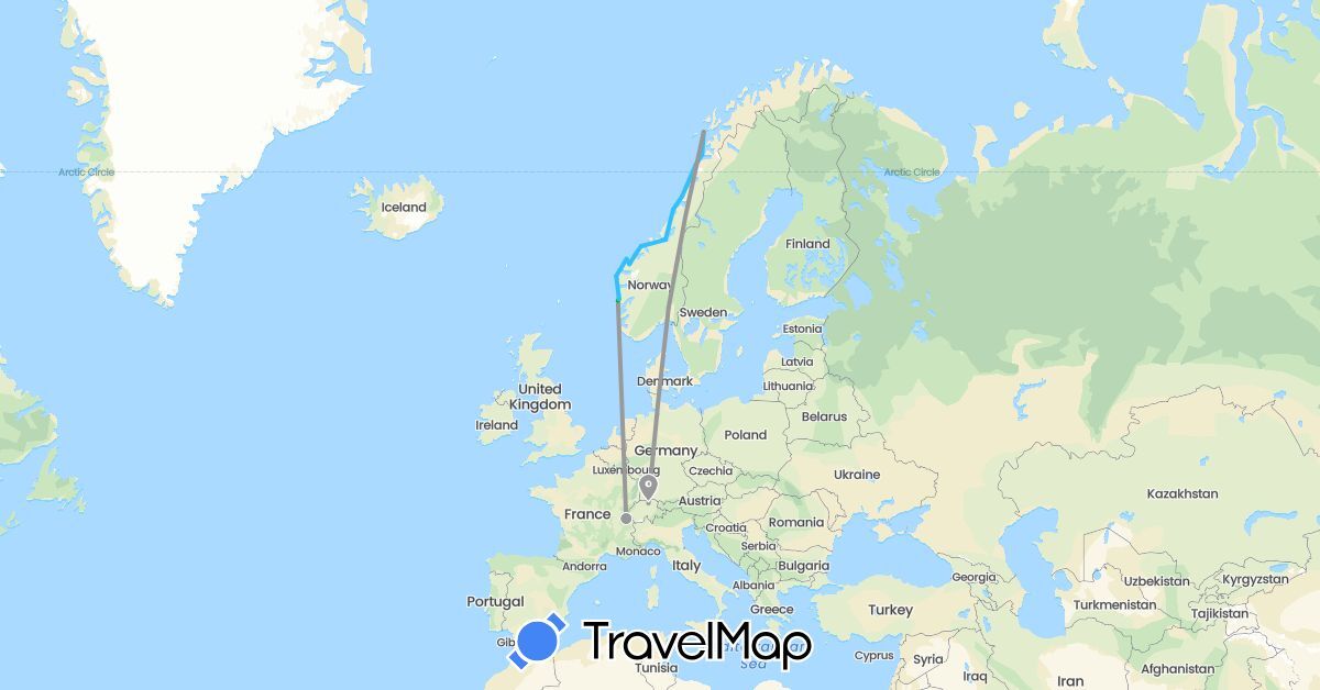 TravelMap itinerary: driving, bus, plane, boat in Switzerland, Norway (Europe)